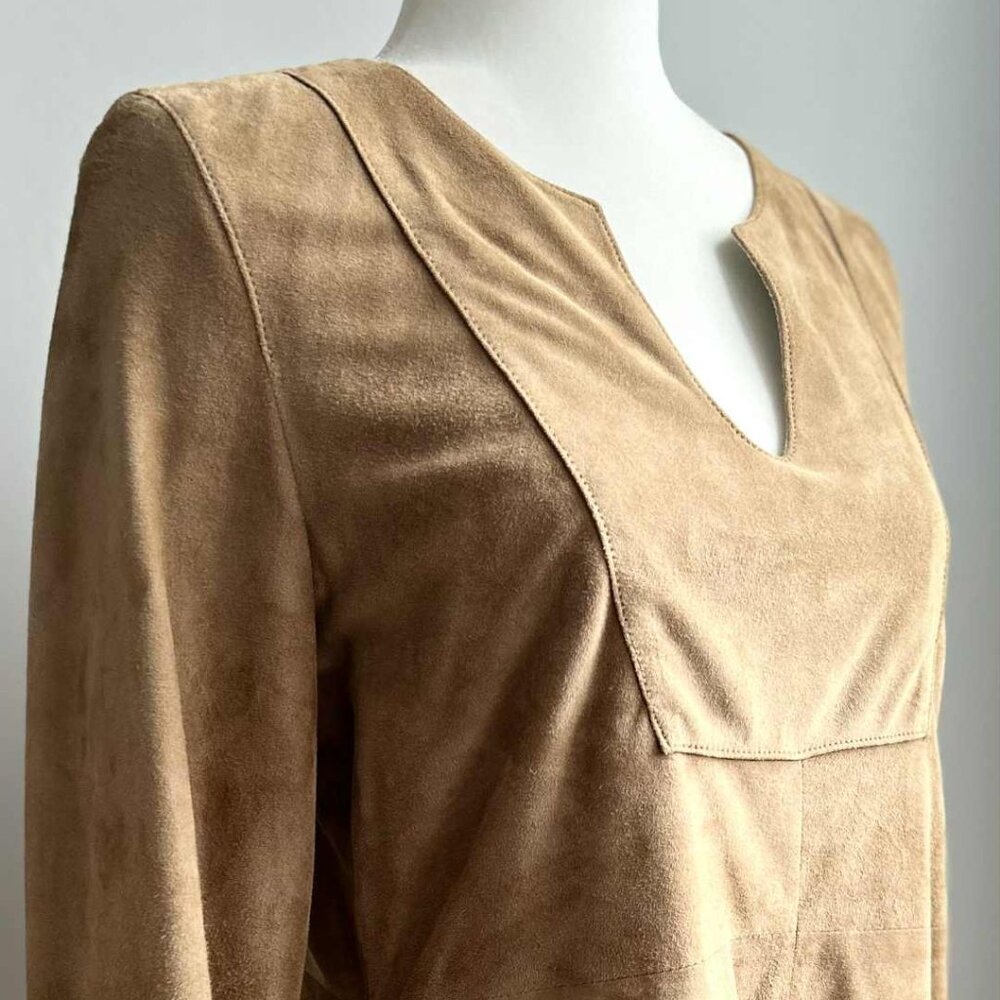 Vintage 1969 Camel Brown Suede Leather Tunic Top with Notched Neck – US S